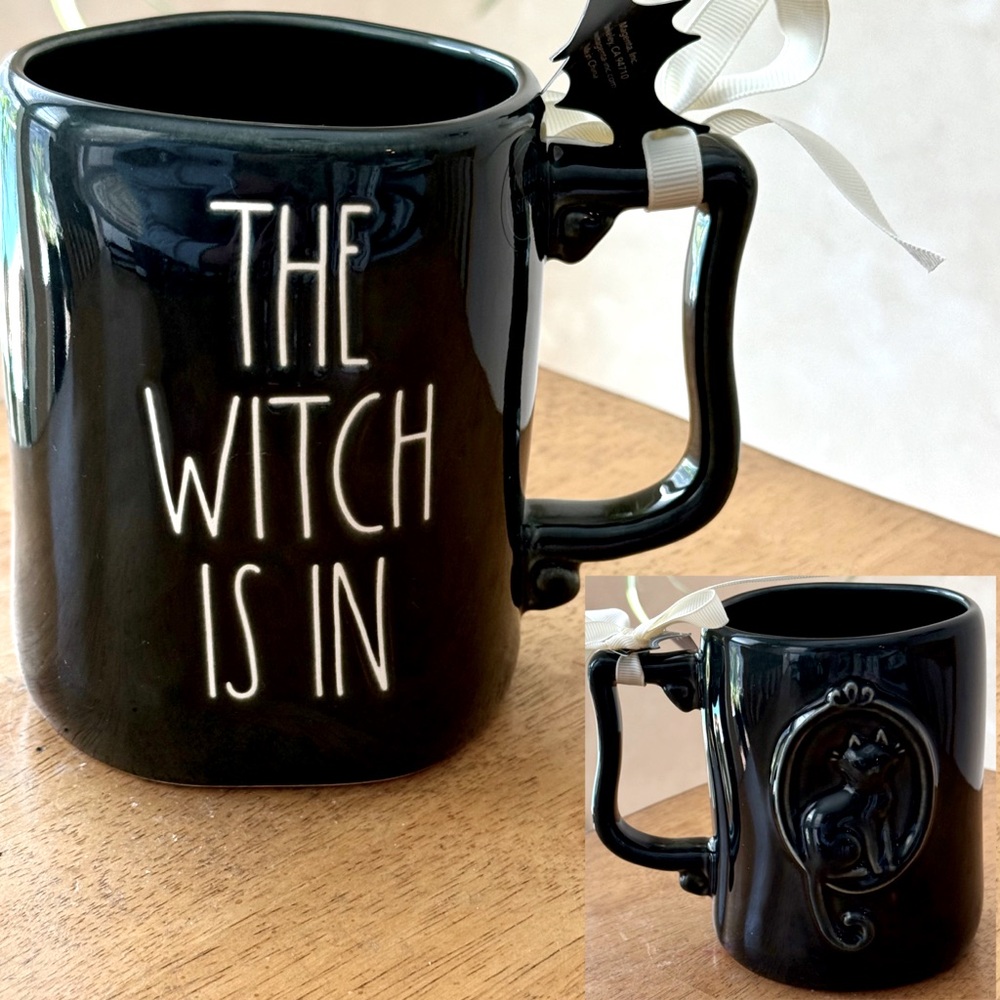 Rae Dunn Halloween THE WITCH IS IN and Black Cat Double Sided Mug NEW!